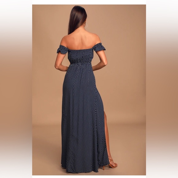 Dream Love Navy Blue Polka Dot Off-the-Shoulder Maxi Dress - Picture 2 of 6